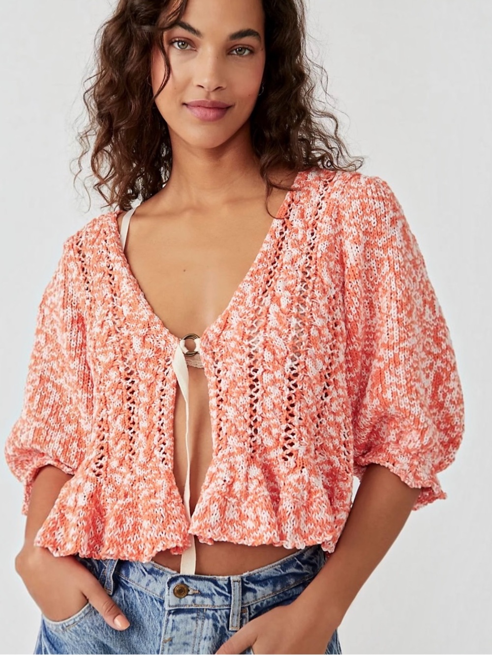 Free People Yesterday Tie Front Peach Marled Cardigan L